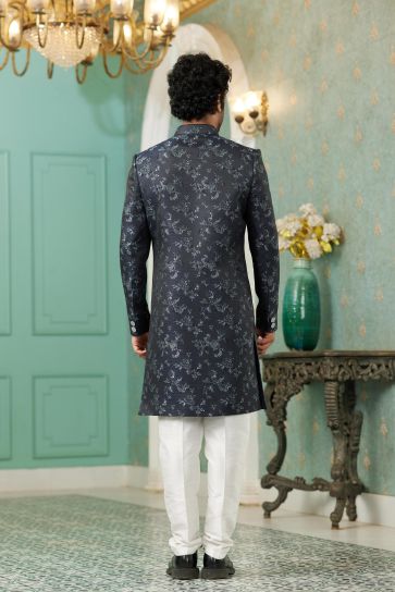Extravagant Navy Blue Color Jacquard Silk Fabric Readymade Indo Western For Men