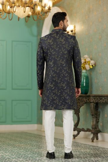 Adorning Black Color Jacquard Silk Fabric Indo Western For Men
