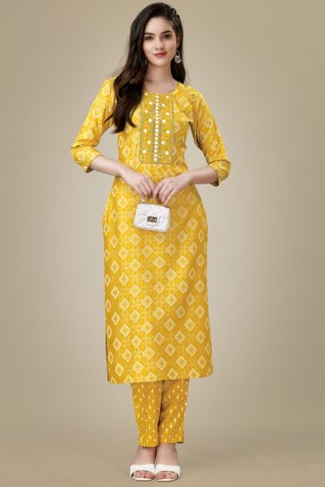Yellow Color Rayon Rayon Fabric Readymade Kurti With Pant