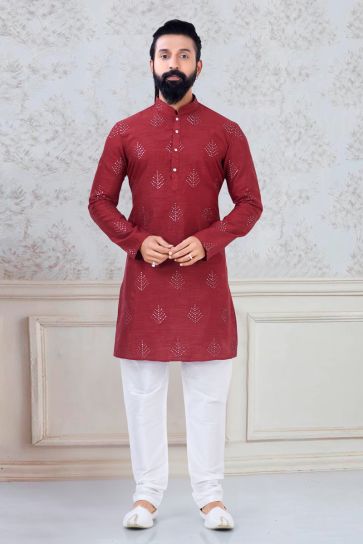 Appealing Red Color Art Silk Function Wear Fancy Readymade Kurta Pyjama For Men