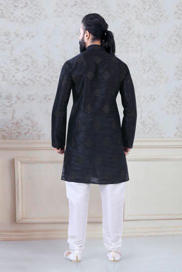Engaging Black Color Art Silk Festive Wear Stylish Readymade Kurta Pyjama For Men