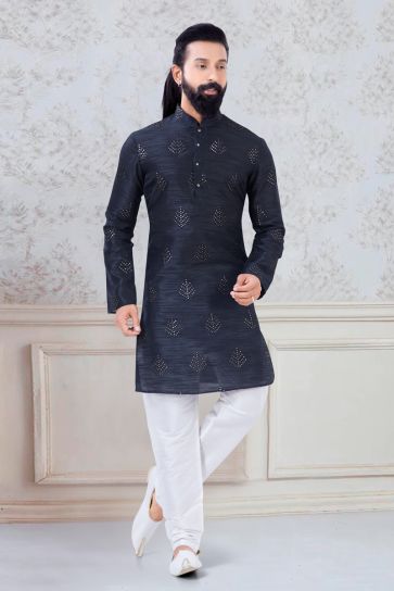 Engaging Black Color Art Silk Festive Wear Stylish Readymade Kurta Pyjama For Men