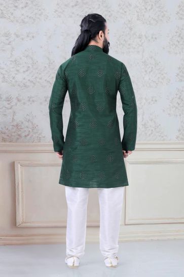 Captivating Teal Color Art Silk Sangeet Wear Trendy Readymade Kurta Pyjama For Men