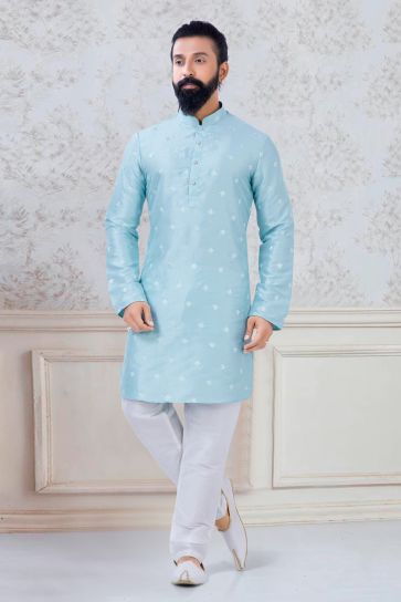 Striking Sky Blue Color Art Silk Function Wear Stylish Readymade Kurta Pyjama For Men
