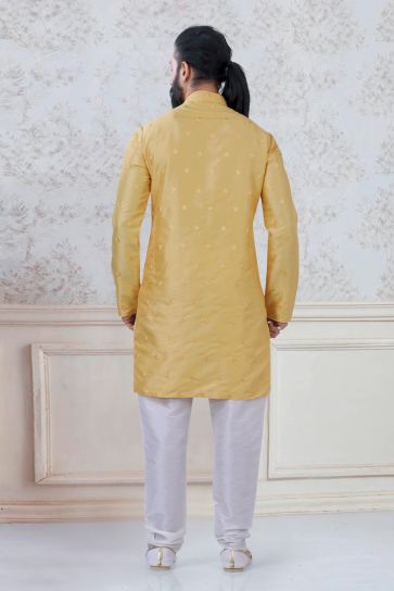 Stunning Yellow Color Art Silk Festive Wear Trendy Readymade Kurta Pyjama For Men
