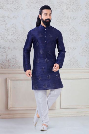 Lovely Navy Blue Color Art Silk Sangeet Wear Designer Readymade Kurta Pyjama For Men
