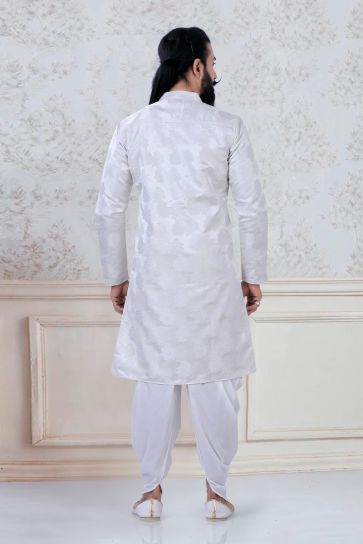 Artistic White Color Jacquard Sangeet Wear Trendy Readymade Dhoti Style Kurta Pyjama For Men