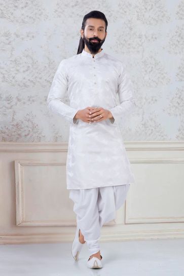 Artistic White Color Jacquard Sangeet Wear Trendy Readymade Dhoti Style Kurta Pyjama For Men