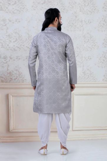 Attractive Grey Color Jacquard Silk Wedding Wear Designer Readymade Dhoti Style Kurta Pyjama For Men