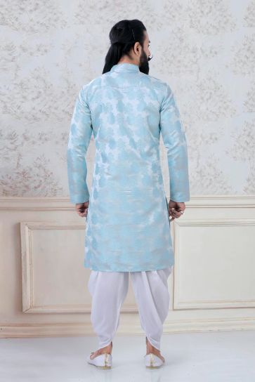 Beautiful Sky Blue Color Jacquard Silk Reception Wear Fancy Readymade Dhoti Style Kurta Pyjama For Men