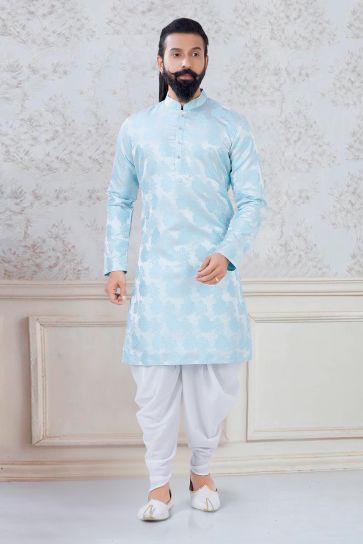 Beautiful Sky Blue Color Jacquard Silk Reception Wear Fancy Readymade Dhoti Style Kurta Pyjama For Men