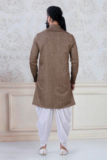 Engaging Brown Color Linen Festive Wear Trendy Readymade Dhoti Style Indo Western For Men