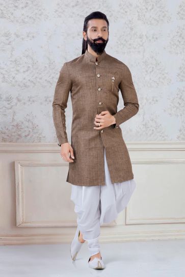 Engaging Brown Color Linen Festive Wear Trendy Readymade Dhoti Style Indo Western For Men