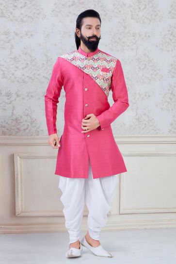 Fetching Rani Color Art Silk Reception Wear Stylish Readymade Dhoti Style Indo Western For Men