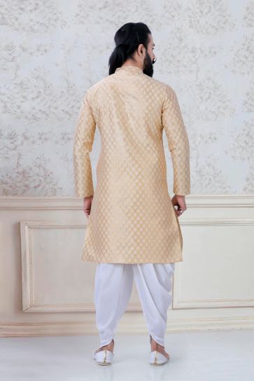 Glamorous Cream Color Jacquard Silk Function Wear Trendy Readymade Dhoti Style Kurta Pyjama For Men
