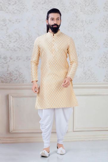Glamorous Cream Color Jacquard Silk Function Wear Trendy Readymade Dhoti Style Kurta Pyjama For Men