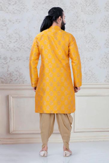 Stunning Yellow Color Fancy Reception Wear Designer Readymade Dhoti Style Kurta Pyjama For Men