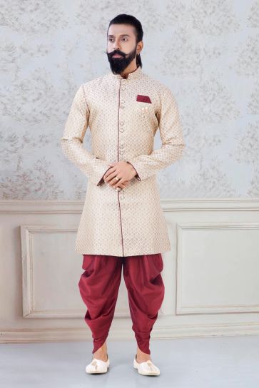 Striking Cream Color Brocade Festive Wear Stylish Readymade Dhoti Style Indo Western For Men