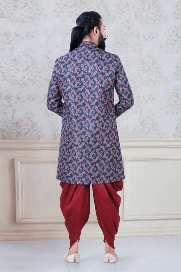 Splendiferous Navy Blue Color Jacquard Sangeet Wear Trendy Readymade Dhoti Style Indo Western For Men