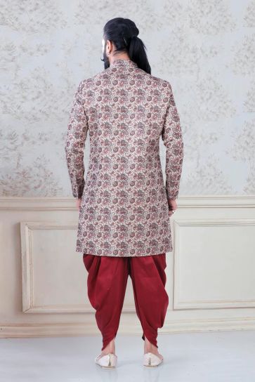 Pretty Chikoo Color Jacquard Wedding Wear Designer Readymade Dhoti Style Indo Western For Men