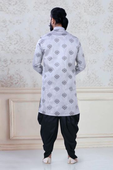 Magnificent Grey Color Jacquard Function Wear Stylish Readymade Dhoti Style Indo Western For Men