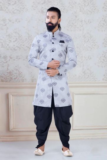 Magnificent Grey Color Jacquard Function Wear Stylish Readymade Dhoti Style Indo Western For Men