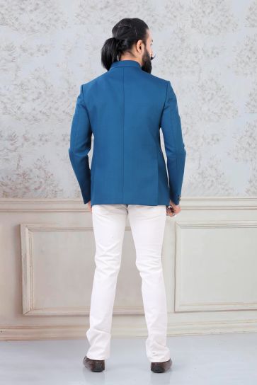 Appealing Blue Color Jodhpuri Suit With Pocket Flaps