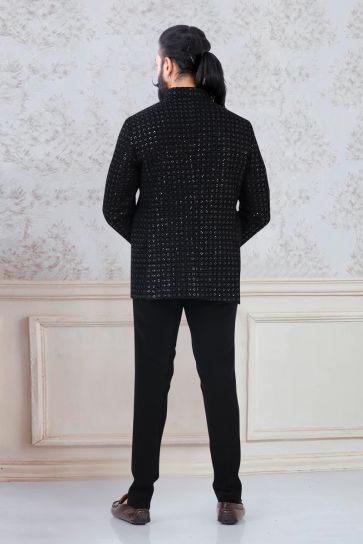 Fetching Black Color Terry Velvet Jodhpuri Suit For Wedding Wear