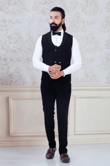 Gorgeous Black Self Design Slim Fit Tuxedo Party Suit For Men