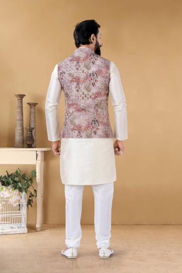 Lovely Off White Color Art Silk Sangeet Wear Trendy Readymade Kurta Pyjama With Jacket