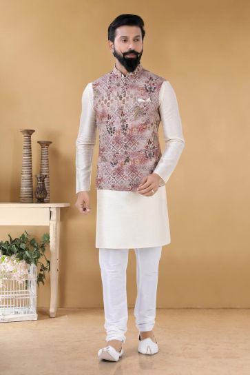 Lovely Off White Color Art Silk Sangeet Wear Trendy Readymade Kurta Pyjama With Jacket