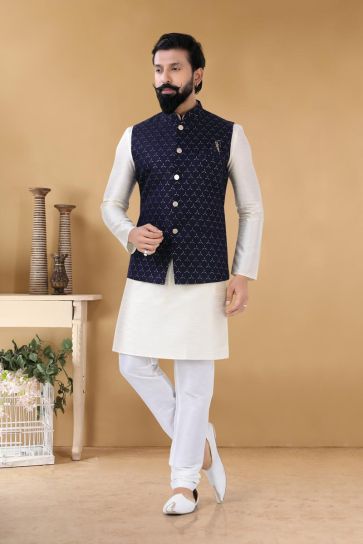 Beautiful Off White Color Art Silk Reception Wear Stylish Readymade Kurta Pyjama With Jacket