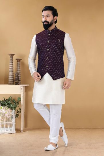 Attractive Off White Color Art Silk Function Wear Fancy Readymade Kurta Pyjama With Jacket