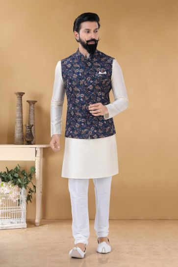 Enriching Off White Color Art Silk Festive Wear Stylish Readymade Kurta Pyjama With Jacket