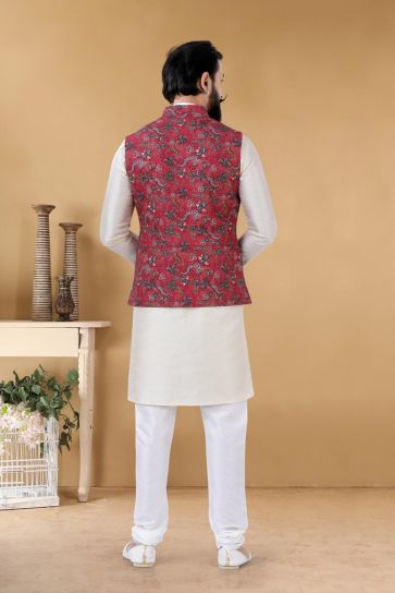 Splendiferous Off White Color Art Silk Sangeet Wear Trendy Readymade Kurta Pyjama With Jacket