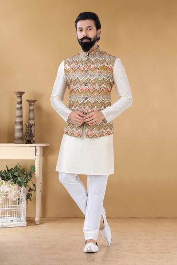 Majestic Off White Color Art Silk Wedding Wear Designer Readymade Kurta Pyjama With Jacket