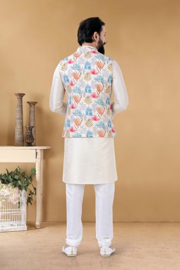 Fascinate Off White Color Art Silk Reception Wear Trendy Readymade Kurta Pyjama With Jacket