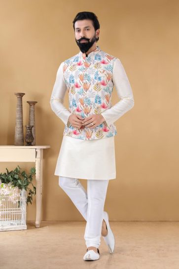 Fascinate Off White Color Art Silk Reception Wear Trendy Readymade Kurta Pyjama With Jacket