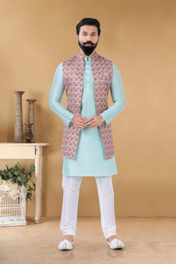 Alluring Light Cyan Color Art Silk Festive Wear Stylish Readymade Kurta Pyjama With Jacket