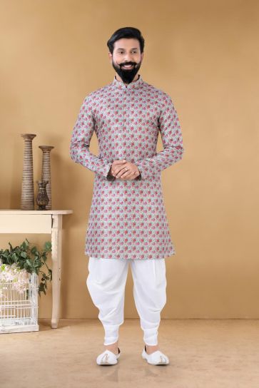 Stunning Dark Beige Color Jacquard Festive Wear Stylish Readymade Kurta With Dhoti For Men