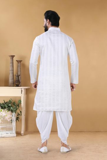 Lovely White Color Georgette Sangeet Wear Trendy Readymade Kurta With Dhoti For Men