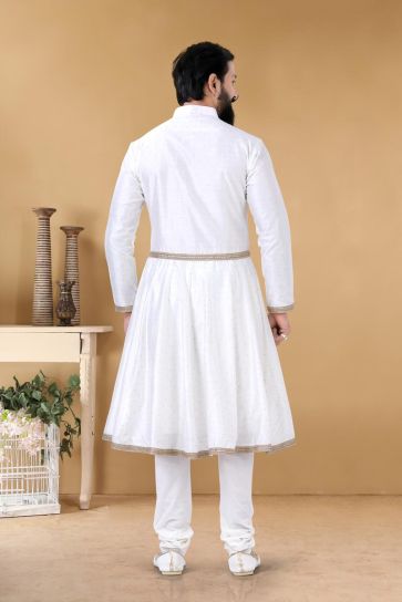 Pretty White Color Fancy Wedding Wear Designer Readymade Peshwai Style Kurta For Men