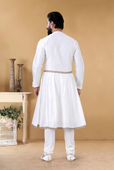 Beautiful White Color Fancy Reception Wear Stylish Readymade Peshwai Style Kurta For Men