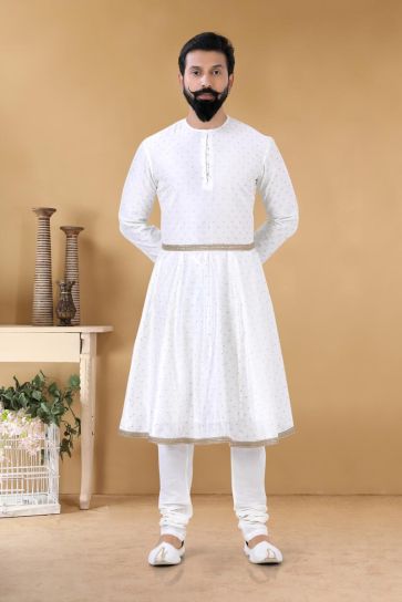 Beautiful White Color Fancy Reception Wear Stylish Readymade Peshwai Style Kurta For Men