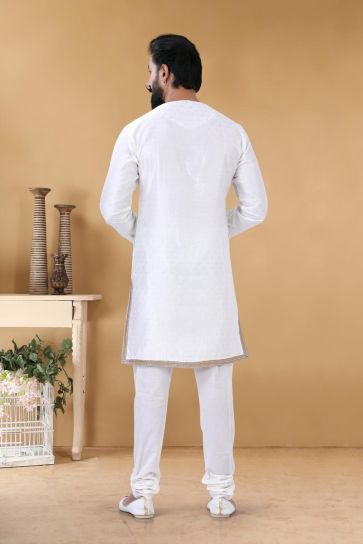 Enriching White Color Fancy Festive Wear Stylish Readymade Peshwai Style Kurta For Men