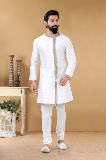 Enriching White Color Fancy Festive Wear Stylish Readymade Peshwai Style Kurta For Men