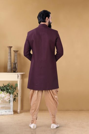 Splendiferous Wine Color Fancy Sangeet Wear Trendy Readymade Dhoti Style Indo Western For Men