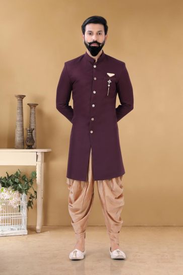 Splendiferous Wine Color Fancy Sangeet Wear Trendy Readymade Dhoti Style Indo Western For Men