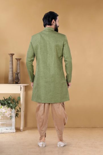 Majestic Green Color Art Silk Wedding Wear Designer Readymade Dhoti Style Indo Western For Men