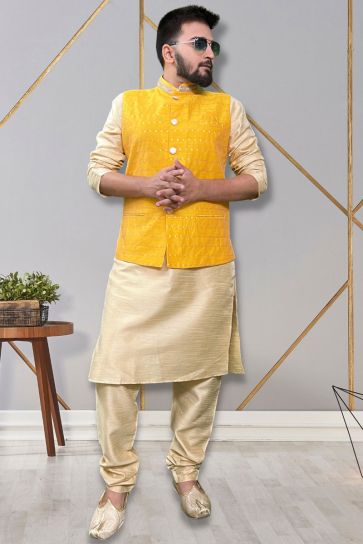 Readymade Lovely Kurta Pyjama For Men With Yellow Color Jacket